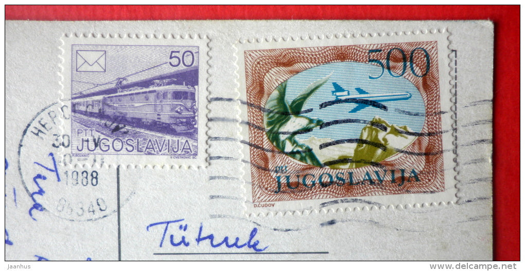 Montenegrin National Costumes - folk - train - airplane - 1219 - Yugoslavia - sent from Yugoslavia to Estonia USSR 1988 - JH Postcards