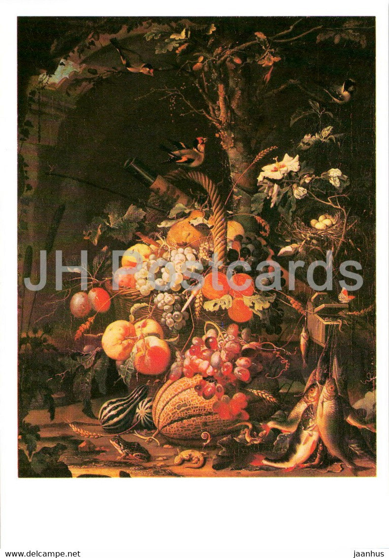 painting by Abraham Mignon - Harvest - fruits - fish - Dutch art - 1987 - Russia USSR - unused - JH Postcards