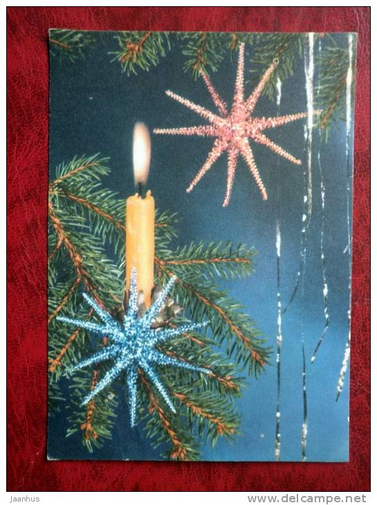 New Year, Christmas greeting card - Neujahr, Weihnachten - candle - decorations - sent to Estonia 1973 - Germany - used - JH Postcards