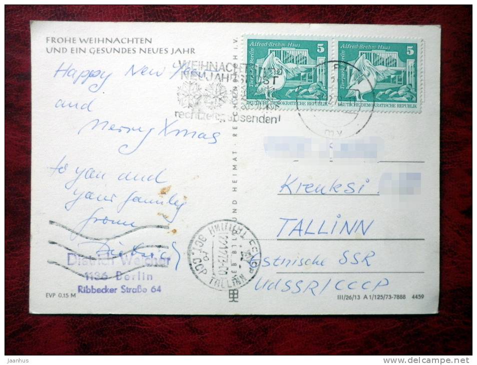 New Year, Christmas greeting card - Neujahr, Weihnachten - candle - decorations - sent to Estonia 1973 - Germany - used - JH Postcards