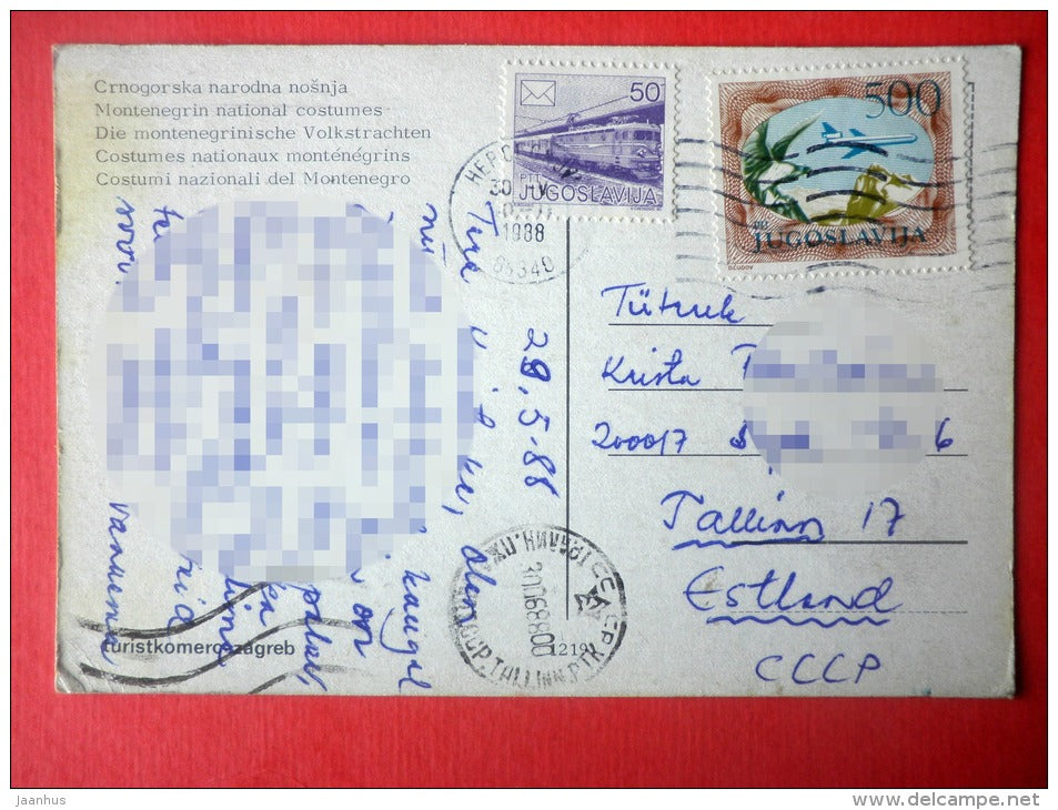 Montenegrin National Costumes - folk - train - airplane - 1219 - Yugoslavia - sent from Yugoslavia to Estonia USSR 1988 - JH Postcards