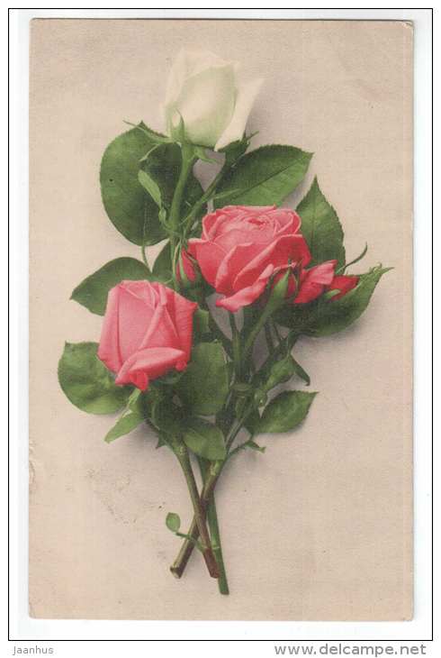 birthday greeting card - flowers - red and white roses - 820 - old postcard - circulated in Estonia - used - JH Postcards