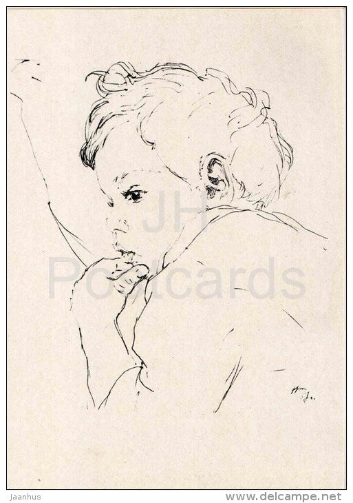 drawing by N. Zhukov - Under the impression - boy - russian art - unused - JH Postcards