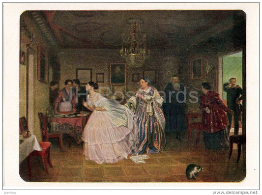 painting by P. Fedotov - Courting Major , 1848 - cat - russian art - unused - JH Postcards