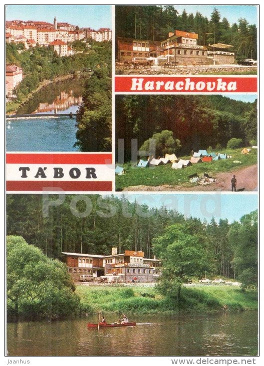 Harachovka - Tabor - river - camping area - canoe - Czechoslovakia - Czech - used 1985 - JH Postcards