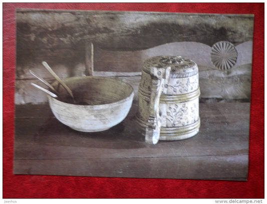 New Year Greeting card - items of the Estonian National Open Air Museum - bowl - beer mug - 1989 - Estonia USSR - unused - JH Postcards