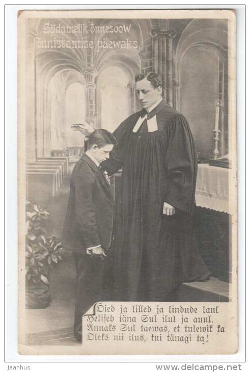 Boy and Minister in church - Karl Noormägi - old postcard - circulated in Estonia - used - JH Postcards