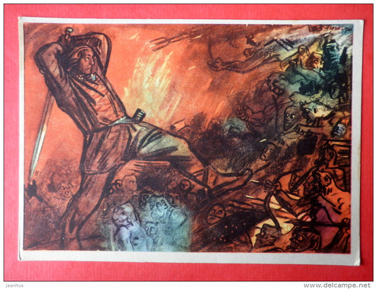 illustration by E. Okas - The Battle in Hell - Kalevipoeg - Estonian national epic poem - 1961 - Estonia USSR - unused - JH Postcards