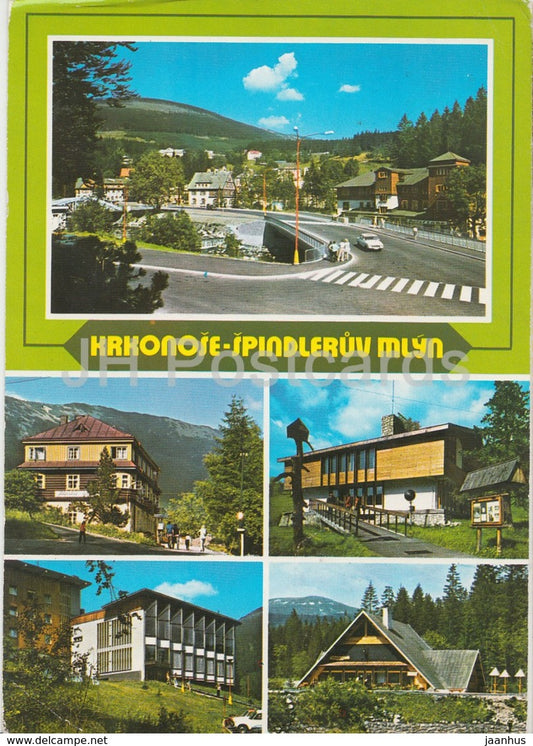 Krkonose - Spindleruv Mlyn - bridge - hotel Montana - restaurant - multiview - Czechoslovakia - Czech Republic - used - JH Postcards