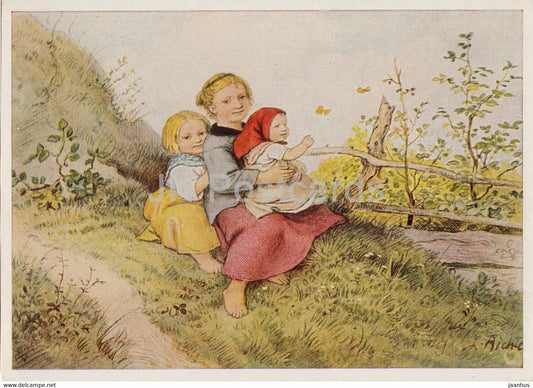 painting by Ludwig Richter - Kinder mit Schmetterlingen - Children with Butterflies - 7099 German art - Germany - unused - JH Postcards
