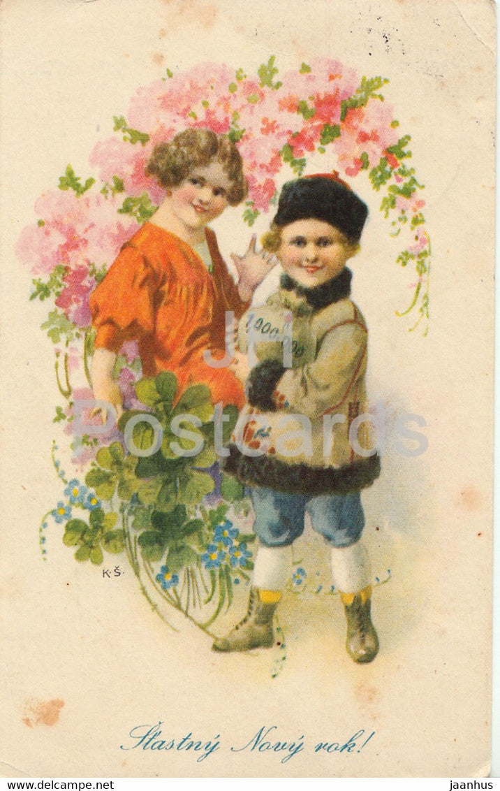 New Year Greeting Card - Children - Boy and Girl - illustration - old postcard - Czech Republic - Czechoslovakia - used - JH Postcards