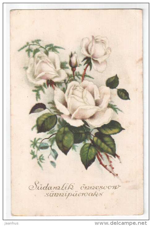 birthday greeting card - flowers - white roses - old postcard - circulated in Estonia 1941 - used - JH Postcards