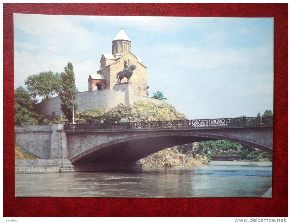 Equatrian statue of Vakhtang Gorgasali on the Metekhi plateau - bridge - Tbilisi - 1985 - Georgia USSR - unused - JH Postcards