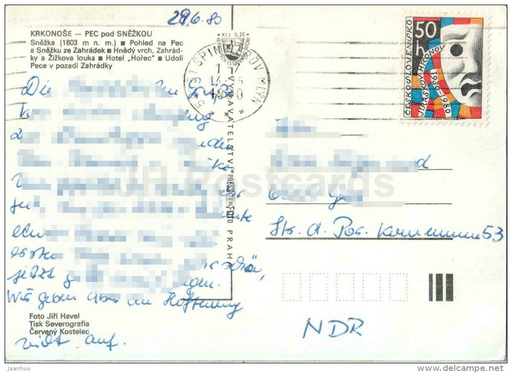 Snezka mountain 1603 m - hotel Horec Pec Pod Snezkou - Udoli valley - Krkonoše - Czech - Czechoslovakia - used - JH Postcards