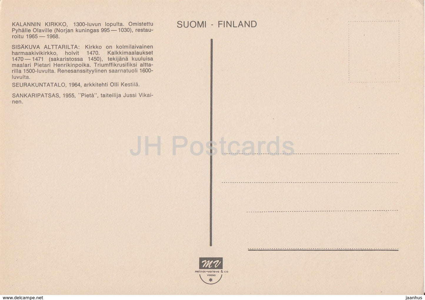 Kalanti - church - interior - altar - parish - hero statue - Finland - unused - JH Postcards