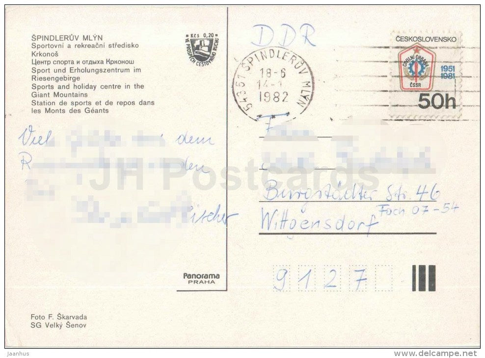 Spindleruv Mlyn - Krkonose - Sports and Holiday centre in the Giant Mountains - Czechoslovakia - Czech - used 1982 - JH Postcards