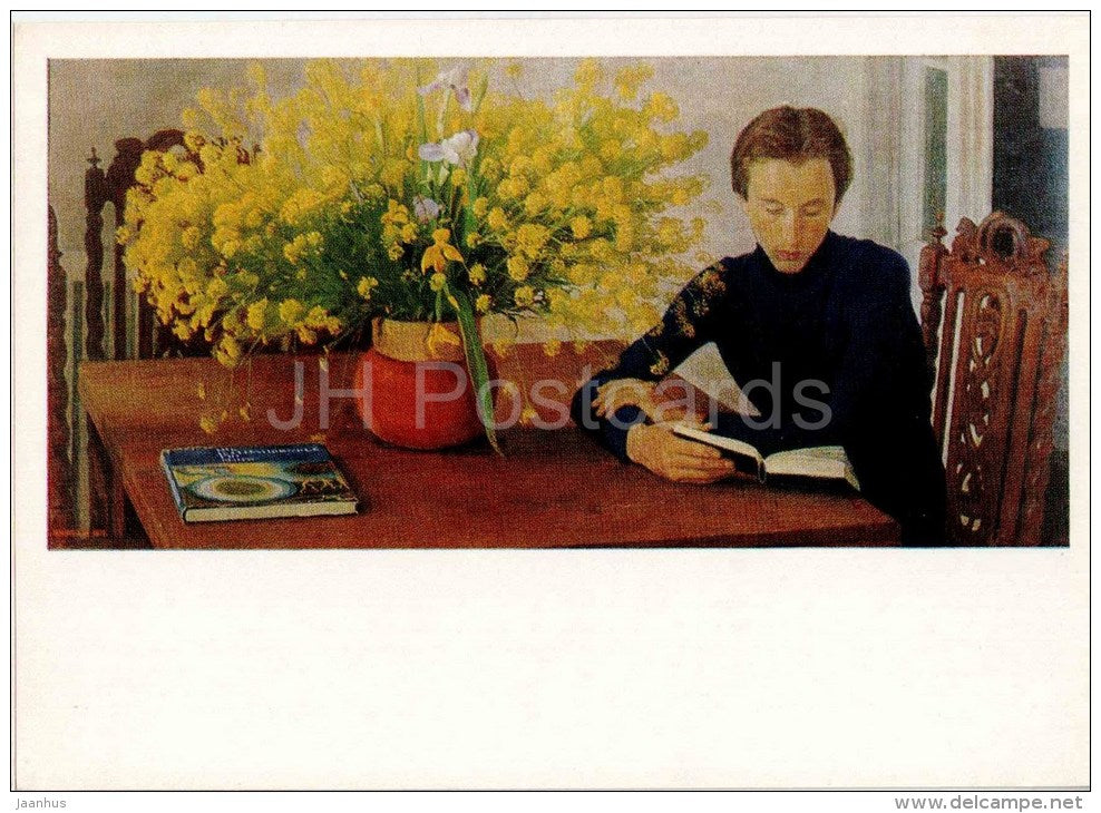 painting by D. Zhilinsky - Yellow bouqet , 1975 - reading - flowers - russian art - unused - JH Postcards
