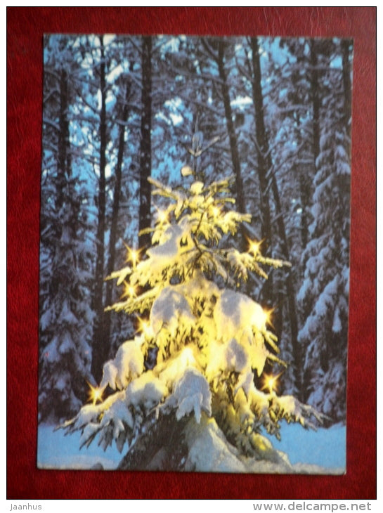 New Year Greeting card - christmas tree in forest - 1987 - Estonia USSR - used - JH Postcards