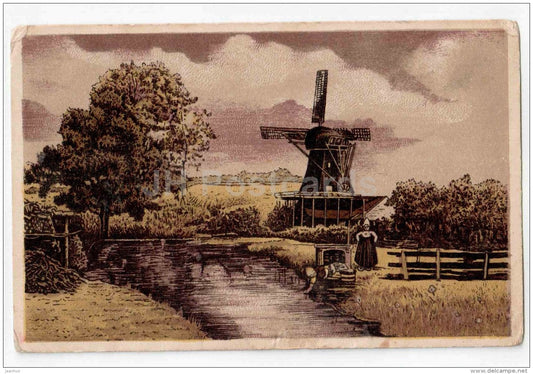 windmill - river - illustration - Russia - used in Estonia - JH Postcards