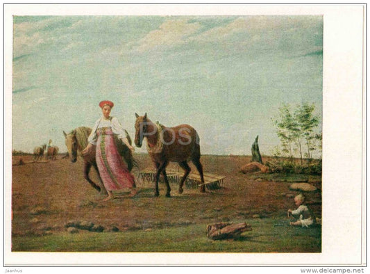 painting by A. Venetsianov - 1 - Plowing . Spring - horse - woman - agriculture - russian art - unused - JH Postcards