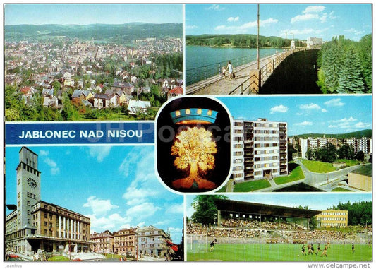 Jablonec nad Nisou - general view - Town Hall - dam - stadium - football - Czech - Czechoslovakia - used - JH Postcards