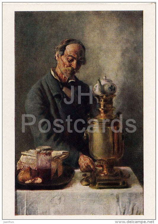 painting by K. Makovsky - Alexeich , 1882 - old man - samovar - Russian art - 1963 - Russia USSR - unused - JH Postcards