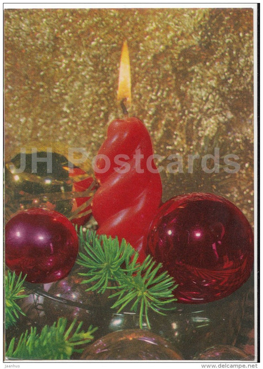 New Year Greeting card - candle - decoration - fir tree - 1974 - Estonia USSR - used - JH Postcards
