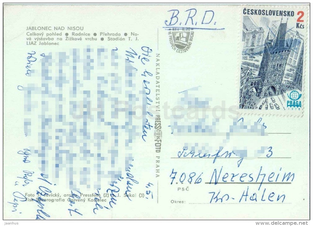 Jablonec nad Nisou - general view - Town Hall - dam - stadium - football - Czech - Czechoslovakia - used - JH Postcards