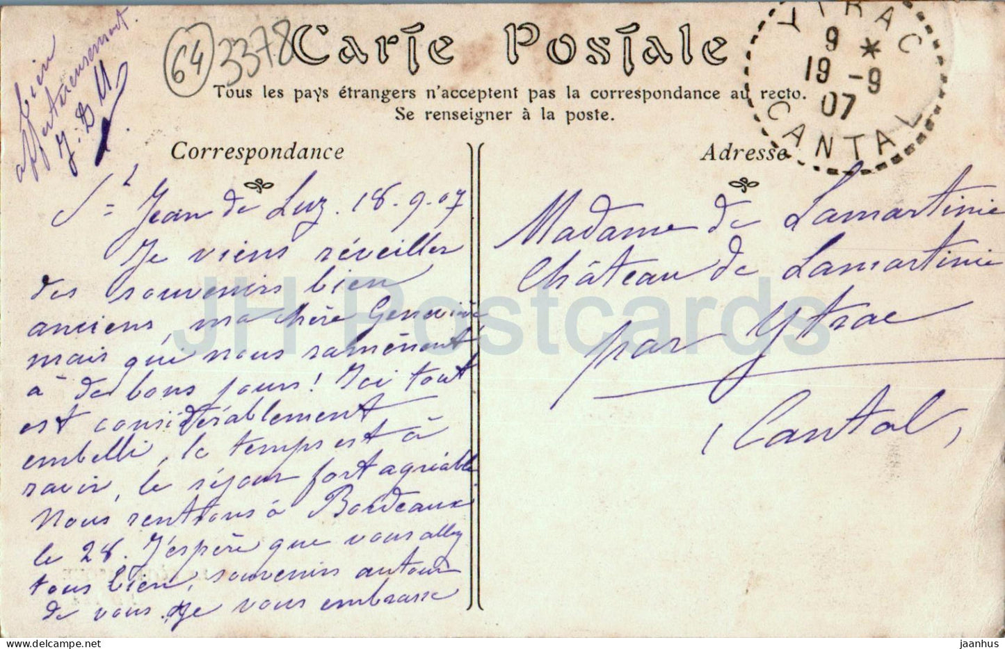 Saint Jean de Luz - Vue generale prise de la Pointe Sainte Barbe - old postcard - 1907 - France - used