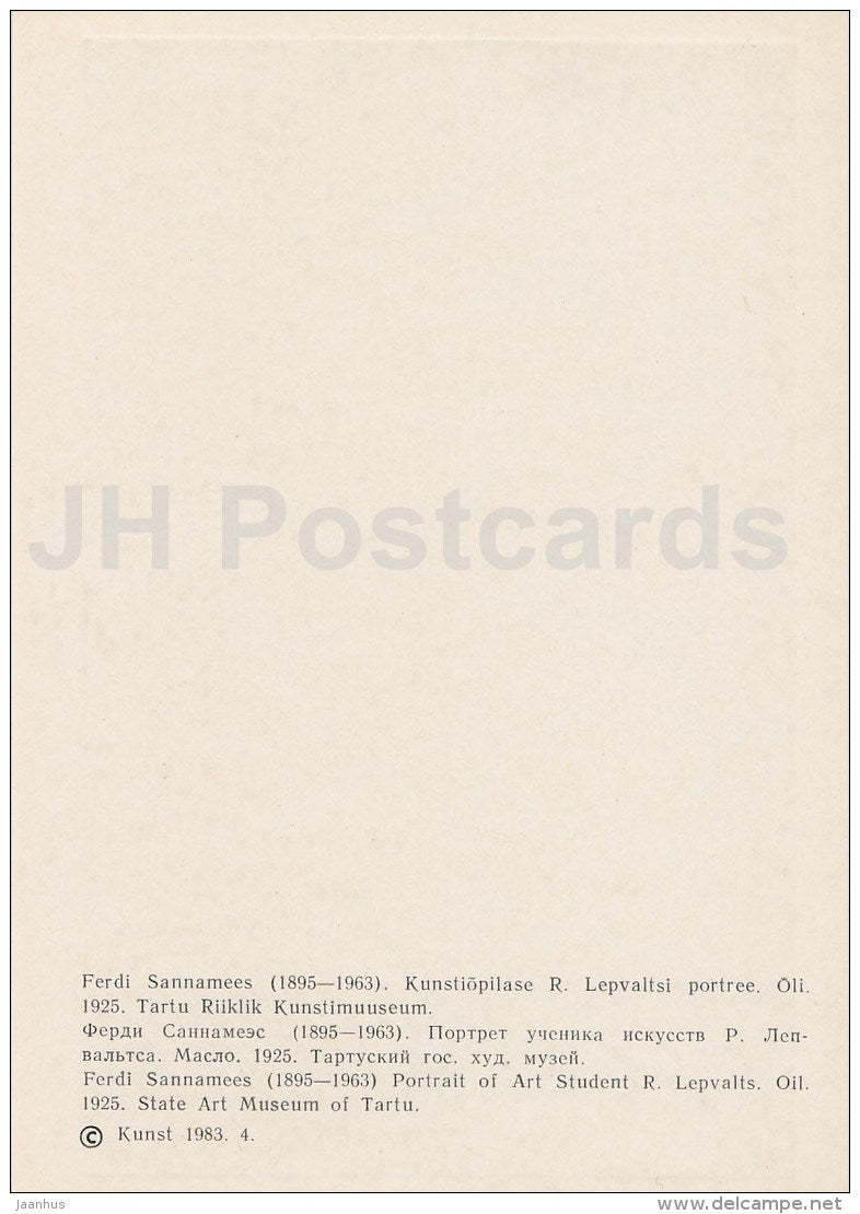 painting by F. Sannamees - Portrait of Art Student R. Lepvalts , 1925 - Estonian art - 1983 - Estonia USSR - unused - JH Postcards