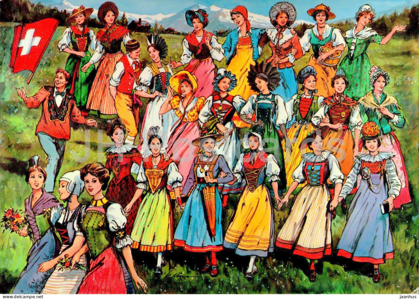 Costumes Suisses - Schweizer Trachten - Swiss Folk Costumes - illustration - 6533 - Switzerland - unused - JH Postcards