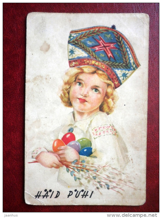 Easter Greeting Card - girl in folk costumes - eggs - MH - 1930s - Estonia - used - JH Postcards