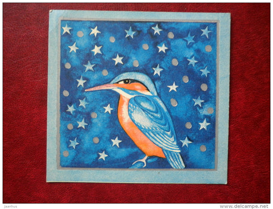 New Year Mini Greeting  Card - by L. Kulles - kingfisher - birds - 1982 - Estonia USSR - used - JH Postcards