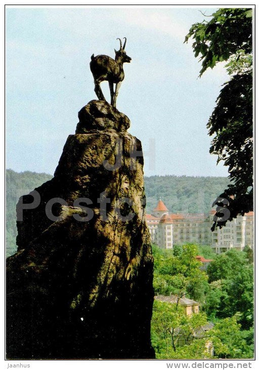 Karlovy Vary - chamois statue - sanatorium Imperial in the background - Czech - used 2001 - JH Postcards