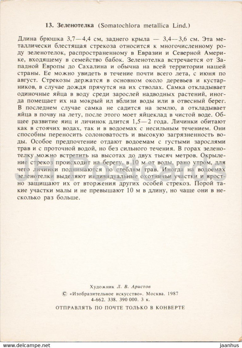 Somatochlora metalica - L'émeraude brillante - libellule - Insectes - illustration - 1987 - Russie URSS - inutilisé