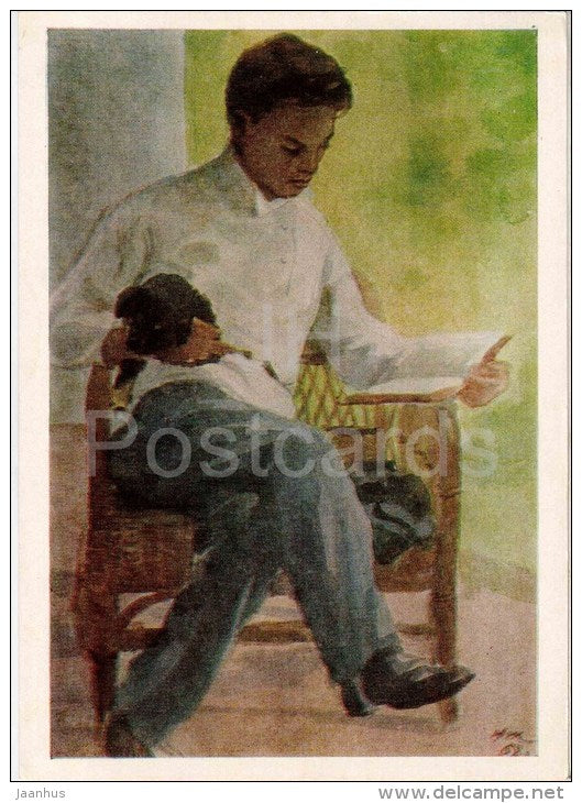 painting by N. Zhukov - Spring in Simbirsk - young Lenin reading - russian art - unused - JH Postcards
