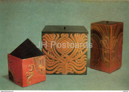Estonian Leather Art - Cube boxes by Ella Kulv - Estonian art - 1975 - Russia USSR - unused - JH Postcards