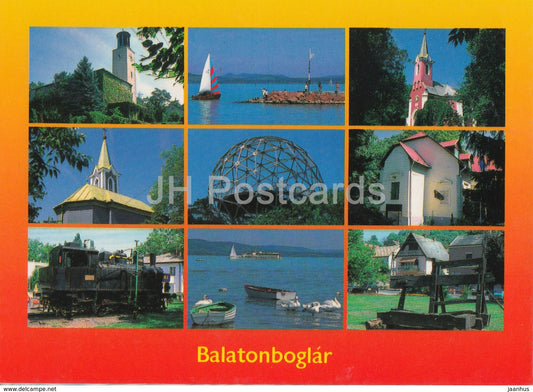 Balaton - Balatonboglar - sailing boat - church - locomotive - view - multiview - 1997 - Hungary - used - JH Postcards