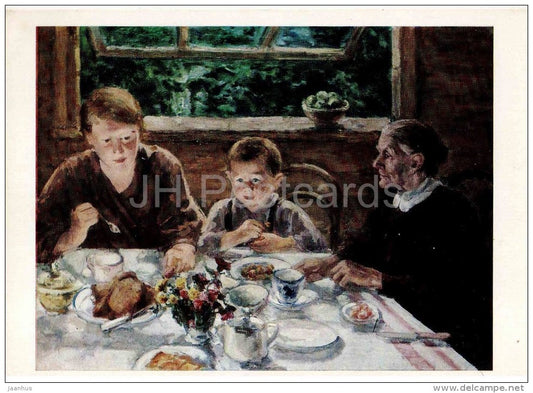 painting by P. Krylov - Breakfast , 1934 - russian art - unused - JH Postcards