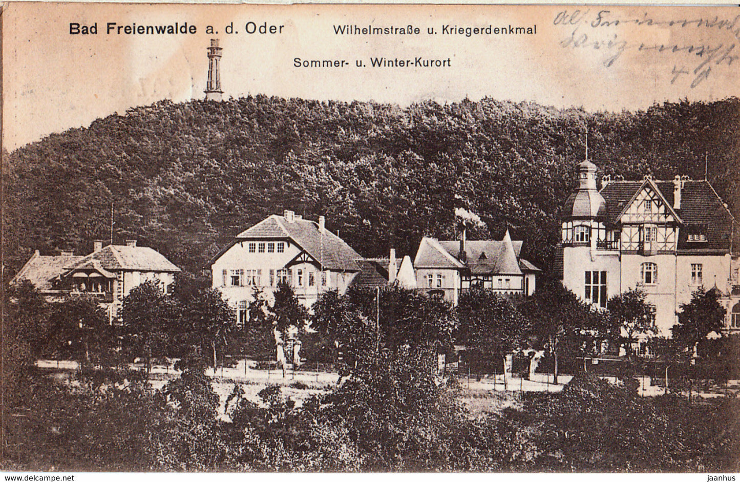 Bad Freienwalde a d Oder - Wilhelmstrasse u Kriegerdenkmal - Sommer u Winter Kurort old postcard - 1916 - Germany - used - JH Postcards