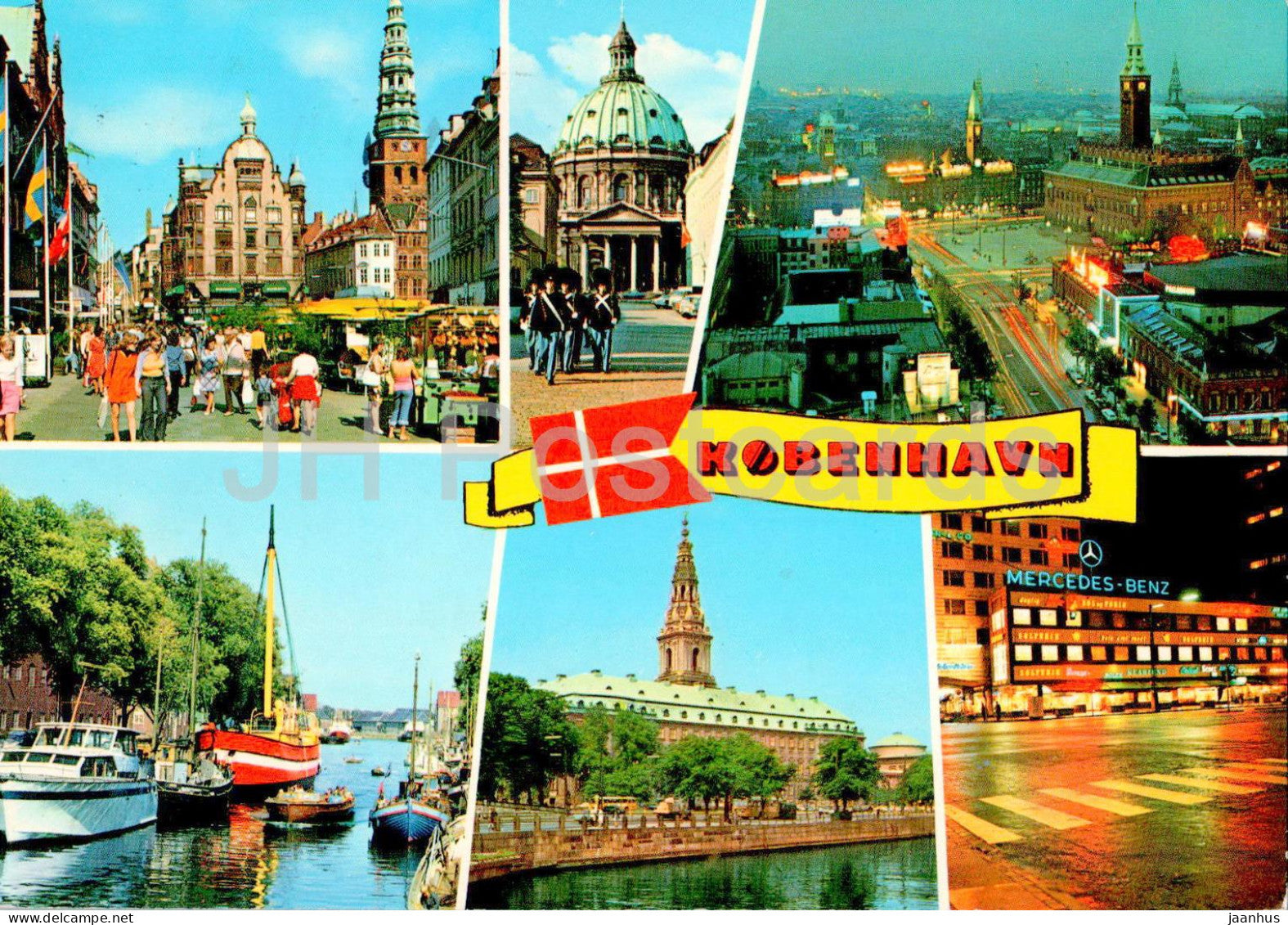 Copenhagen - Kobenhavn - ship - boat - church - old town square - multiview - 7 - Denmark - used - JH Postcards