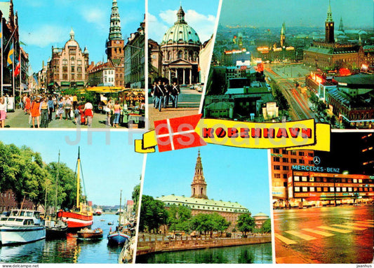 Copenhagen - Kobenhavn - ship - boat - church - old town square - multiview - 7 - Denmark - used - JH Postcards