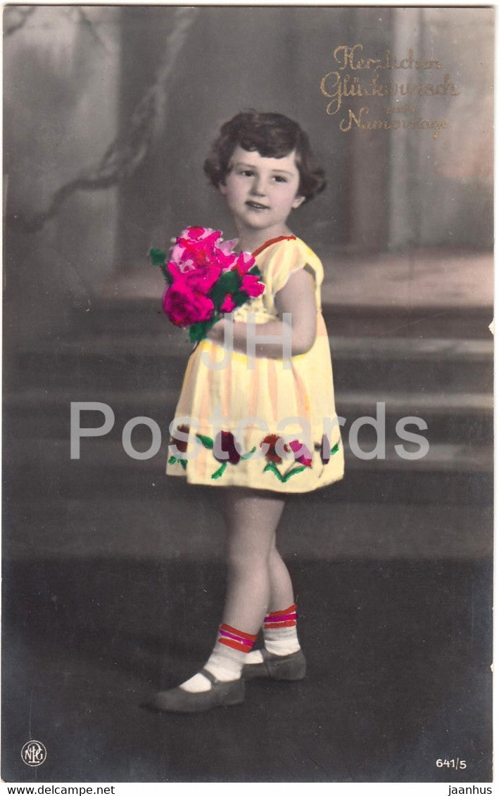 Herzlichen Gluckwunsch zum Namenstage - children - girl - flowers - NPG 641/5 - old postcard - Germany - used - JH Postcards