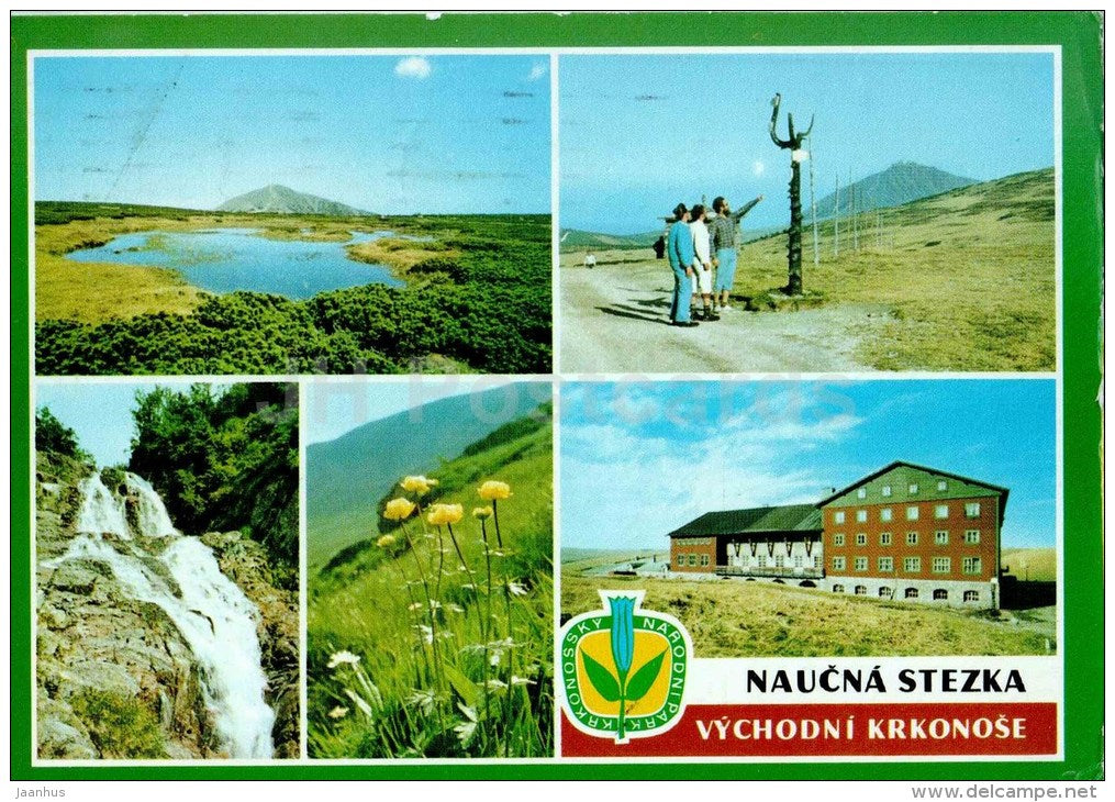 signpost - Upy waterfall - globe-flower - Nature Pathway in Vychodni Krkonoše - Czech - Czechoslovakia - used - JH Postcards