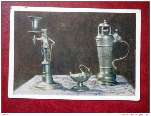 candlestick - box - mug - made from tin - German crafts - museum exhibits - 1956 - Russia USSR - unused - JH Postcards