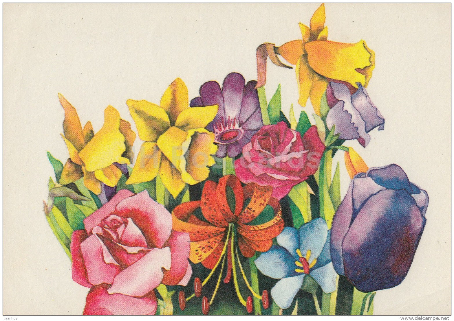 illustration by R. Lukk - tulip - rose - narcissus - daffodil - flowers - 1984 - Estonia USSR - used - JH Postcards