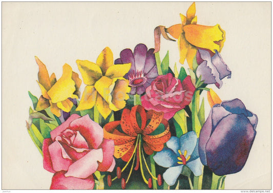 illustration by R. Lukk - tulip - rose - narcissus - daffodil - flowers - 1984 - Estonia USSR - used - JH Postcards