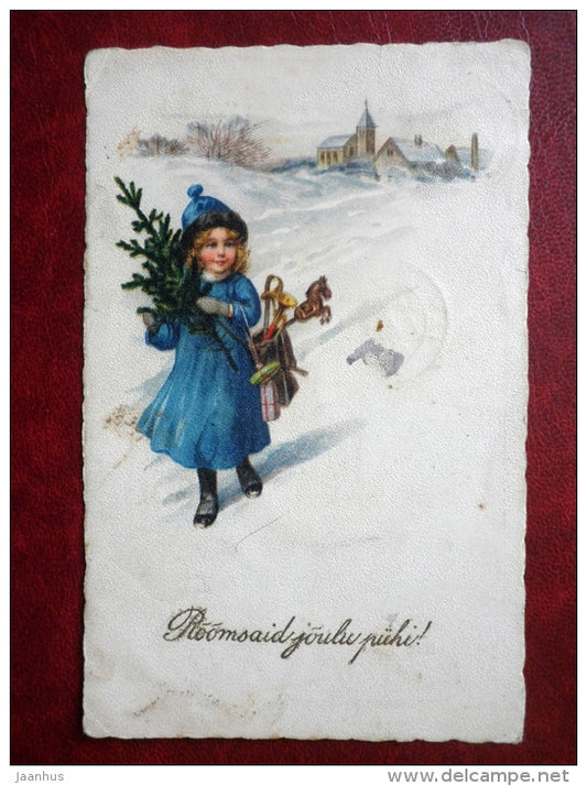 Christmas Greeting Card - girl with christmas tree - church - HWB SER 2014 - circulated in 1924 - Estonia - used - JH Postcards