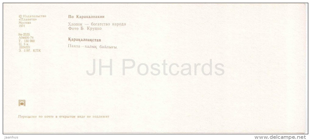 cotton - Karakalpakstan - 1974 - Uzbekistan USSR - unused - JH Postcards
