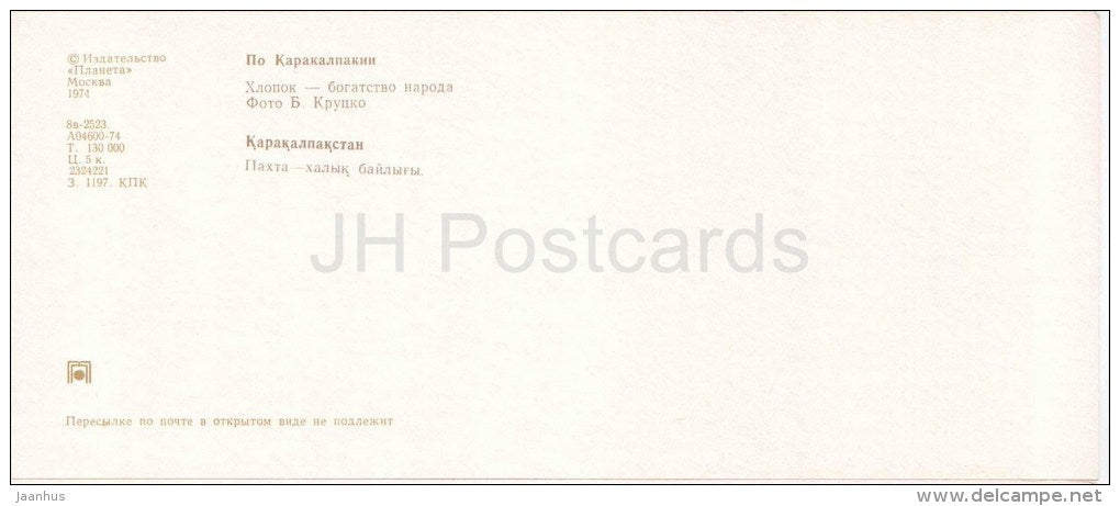 cotton - Karakalpakstan - 1974 - Uzbekistan USSR - unused - JH Postcards